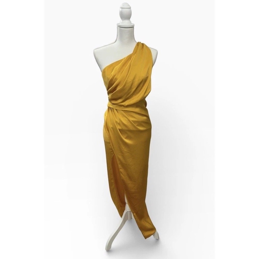 NWT DO+BE One Shoulder S Satin Marigold Draped‎ Maxi Dress Gold Yellow Goddess
